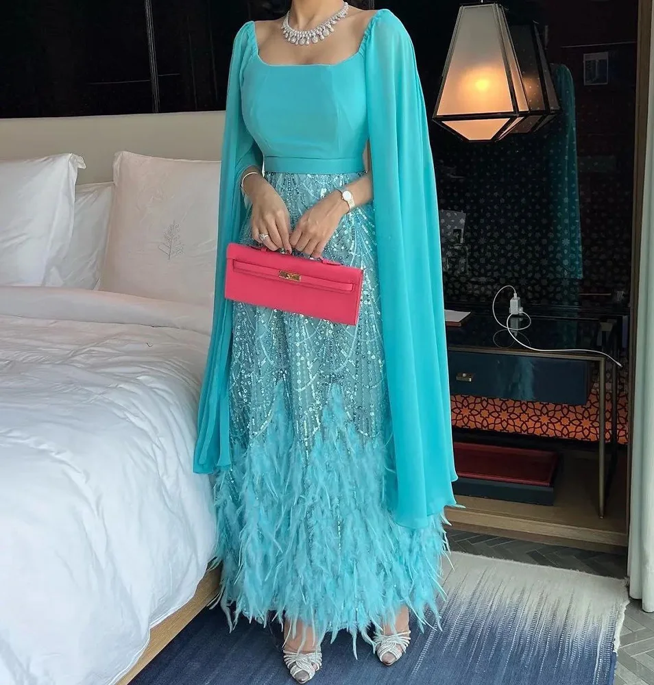 Exquisite Square Neck Chiffon Butterfly sleeves Long Sleeves A-Line Evening Dress Feathers Pleats Solid Blue Color Floor Length