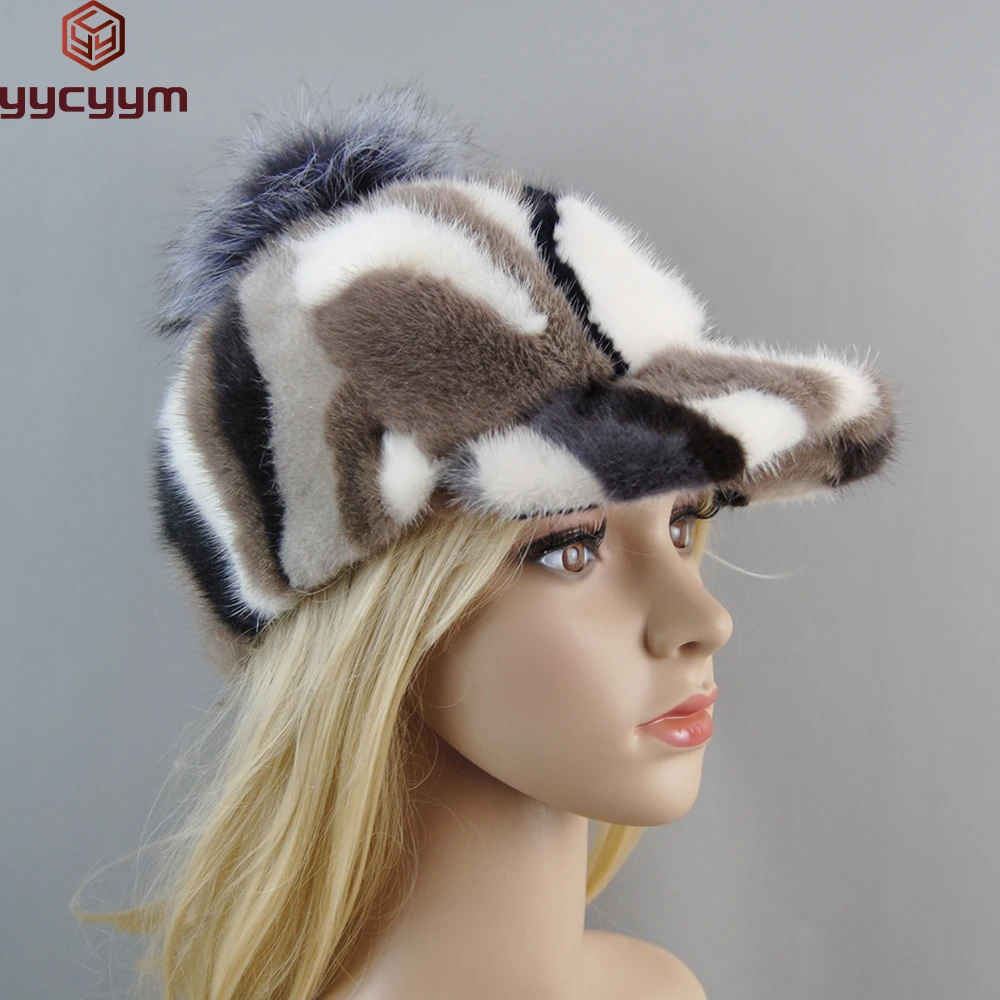 2024 Hot Sale Mink Fur Caps Natural Mink Fur Hat Brim Baseball Cap Fox Fur Pompom Brand Women Winter Elegant Stylish Warm Caps