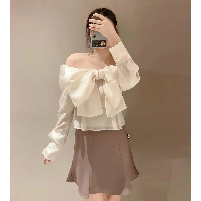 Elegant Square Collar Puff Sleeve Plaid Blouse Shirts Japanese Chic Sweet Bowknot Loose Crop Top 2024 New Temperament Camisas