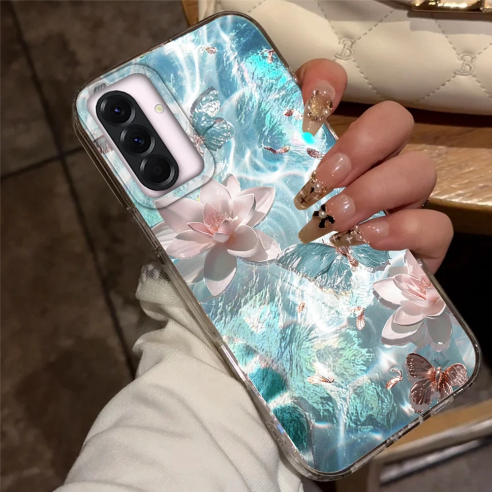 蓮の花と蝶の女の子のスマホケース、Samsung Galaxy A56 A36 A16 A17 A26 A07 A55 A35 A25 A54 S24 S25 Ultra S22 S23 FE用カバー/フンダ