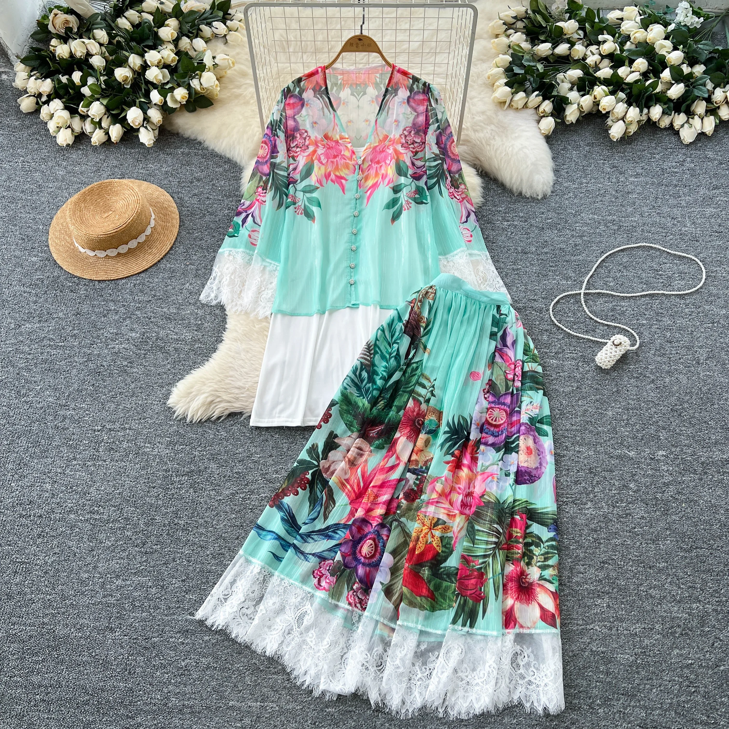 

Сексуальный шифоновый V-образный вырез, базовый кружевной принт, модный вечерний платье для дня рождения, женский готический тонкий летний комплект из двух предметов