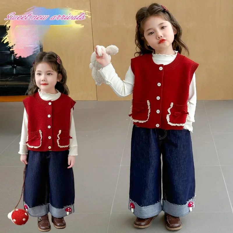 Girls Spring Autumn Clothing Set Children Vest + Base Shirt + Jeans Three-Piece Set Kids Sweet Suit