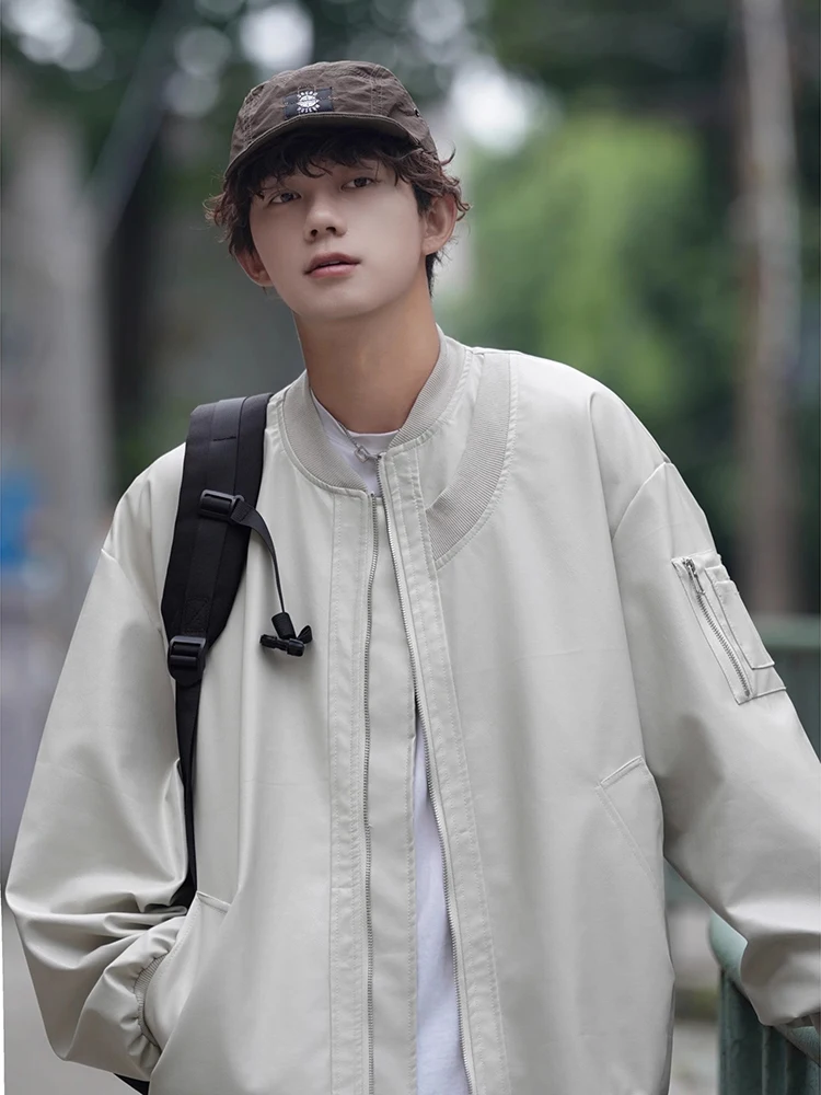 

Vintage American Sle Motorcycle Jaet Men's Spring Autumn PU Leather Baseball Coat Youth Pilot Jaet Trendy Outerwear