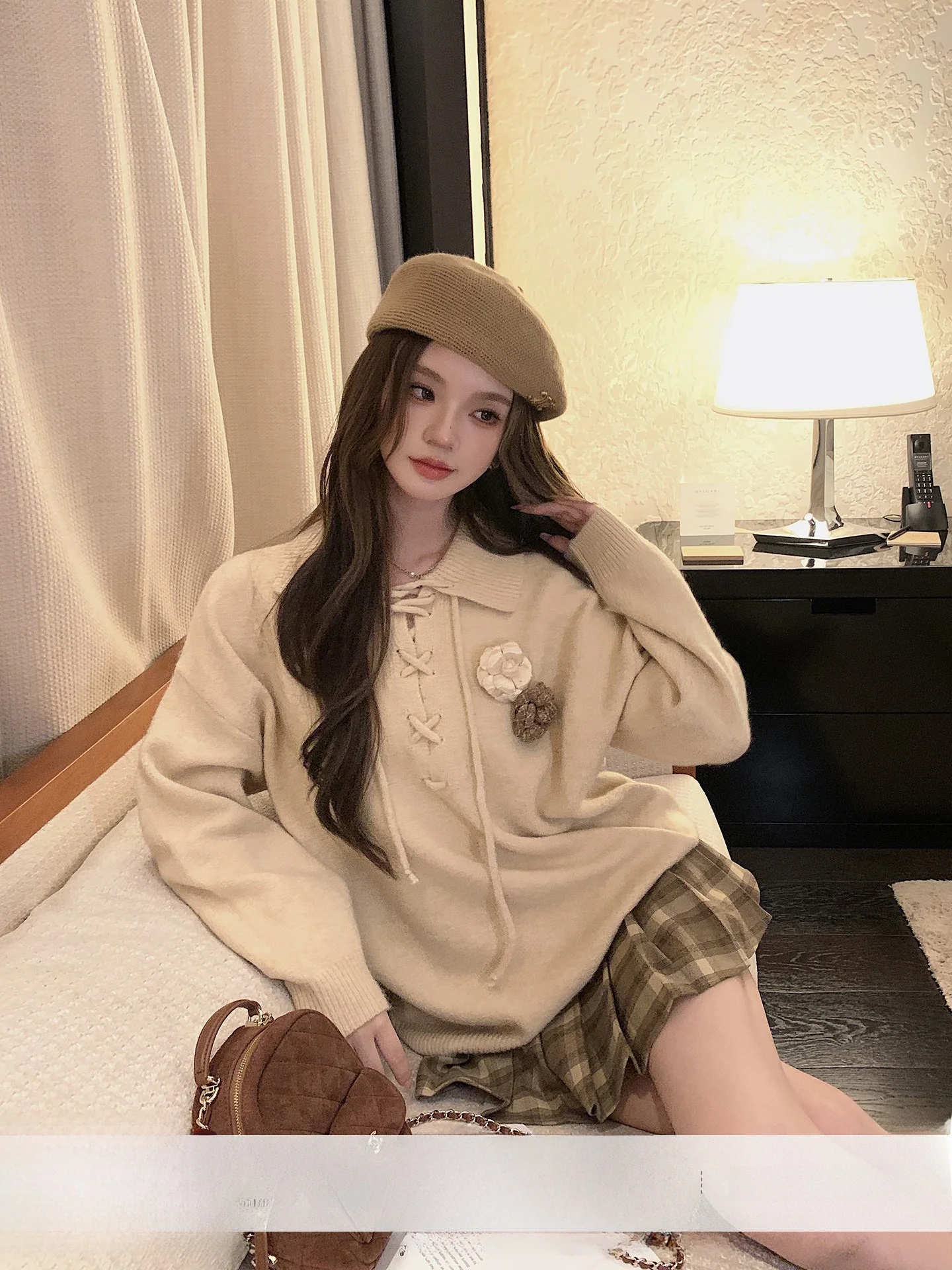 

Chu Rou Yao Cozy Winter Long Sve Knitted Sweater Women's New Loose Top with Rope Tie Small Collar Autumn Winter Faion