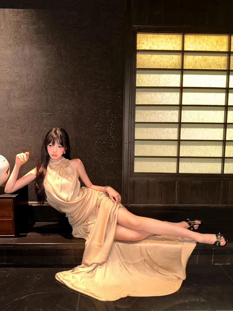 Ele taille haute longueur au sol Svel Dr avec Ne Hanging Design pour femmes Summer Beach Vaion Sexy Bal Slim...