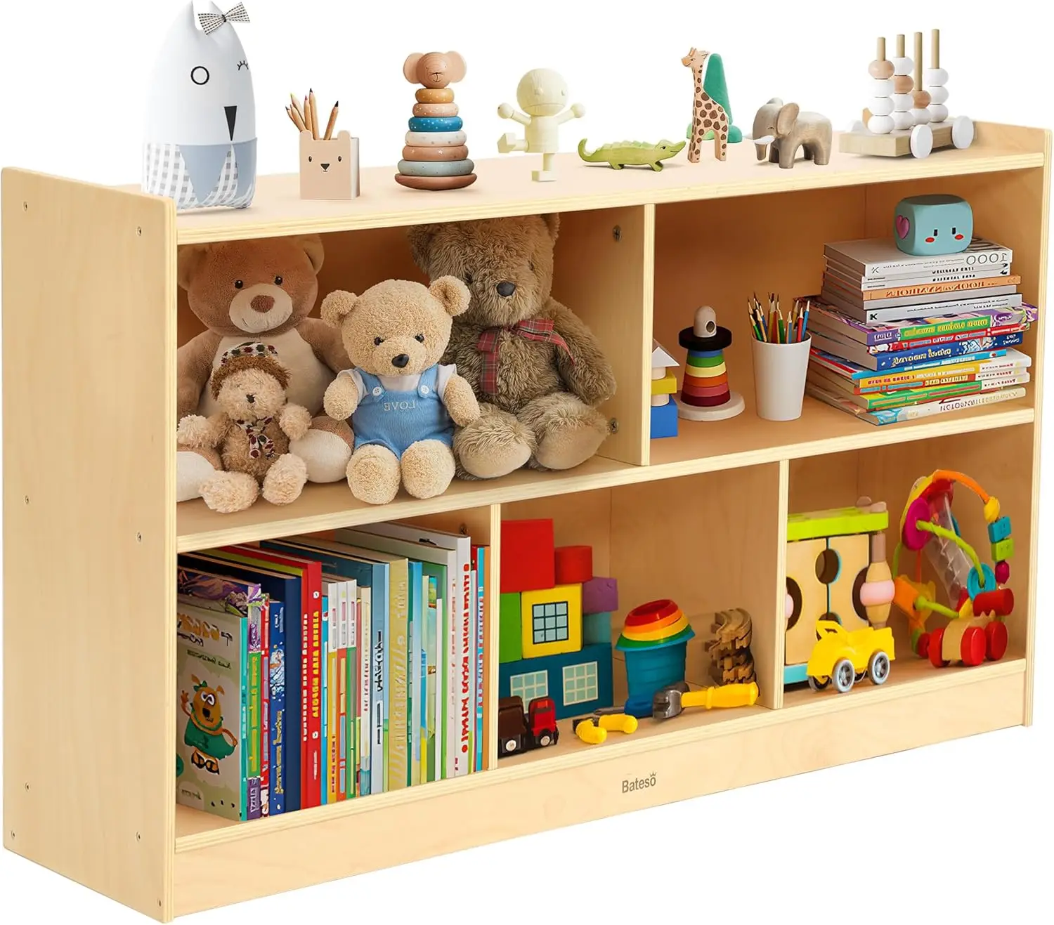 Organizador de almacenamiento de juguetes grande para niños, gabinete de almacenamiento de juguetes de madera de 5 compartimentos, estantería Montessori para libros y juguetes, 2 niveles