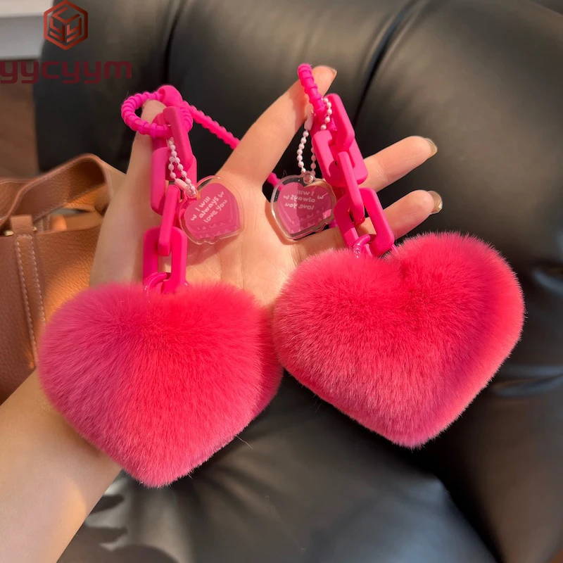 

2024 Natural Rex Rabbit Fur Heart Bag Charm Chain Keychain Bag Pendant Women Girl Bag Charms Cars Accessory Fluffy Keyring Gifts