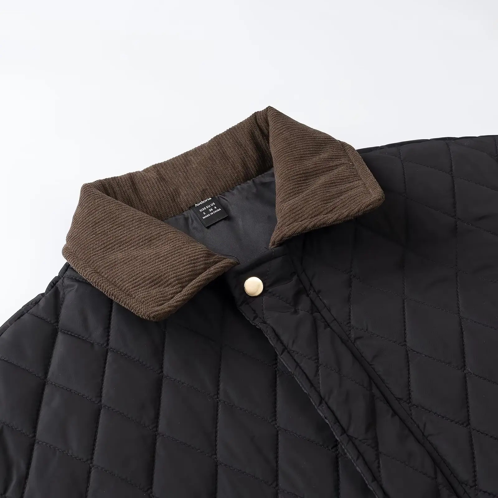 KASLEAD Thickened Contrast Color Collar Diamond Pattern Cotton Jacket Women's Fashion Retro Style Single Button Closure Coat