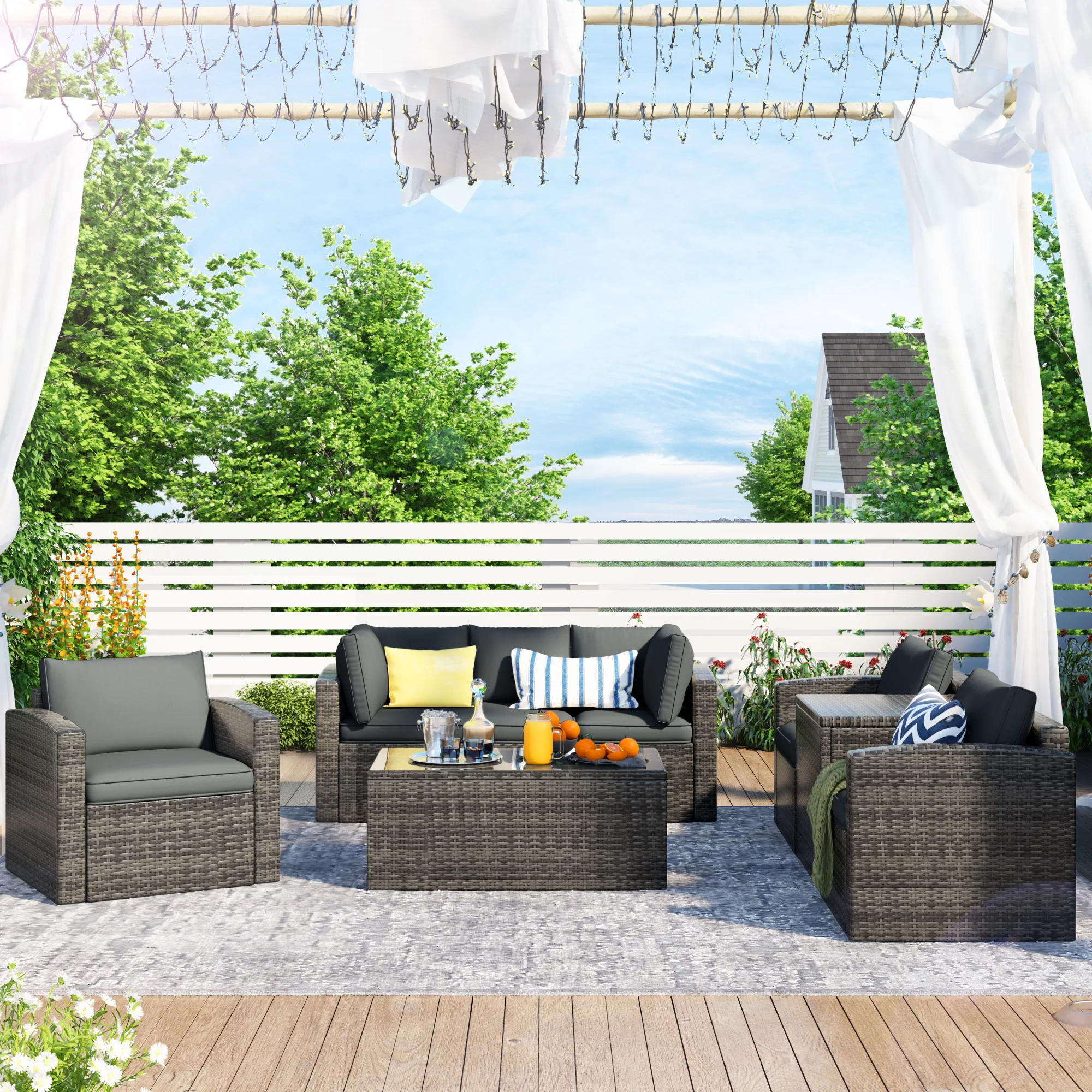 

Patio Furniture Sets, 7-Piece Patio Wicker Sofa , Cushions, Chairs , a Loveseat , a Table and a Storage Box