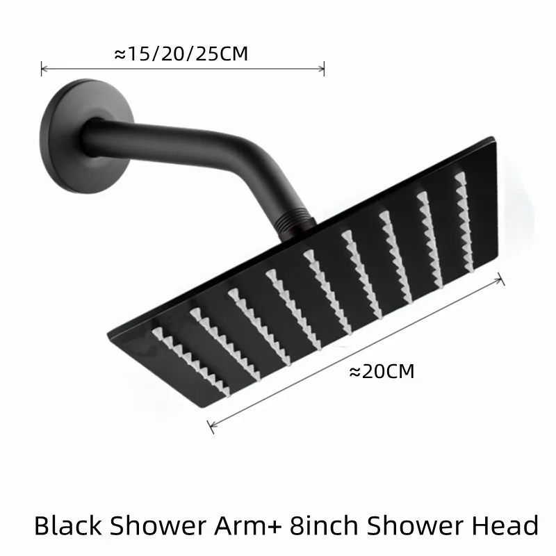 

Black Stainless Steel 8inch Rainfall Top Shower Head with 15/20/25CM Wall Mounted Shower Arm For Bathroom Accessories