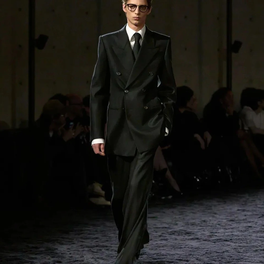 

Black Double-Breasted Men's Understated Luxury Suit 2 Piece Jacket Pant Sets Peak Lapel Widding Party Loose Male Clothing