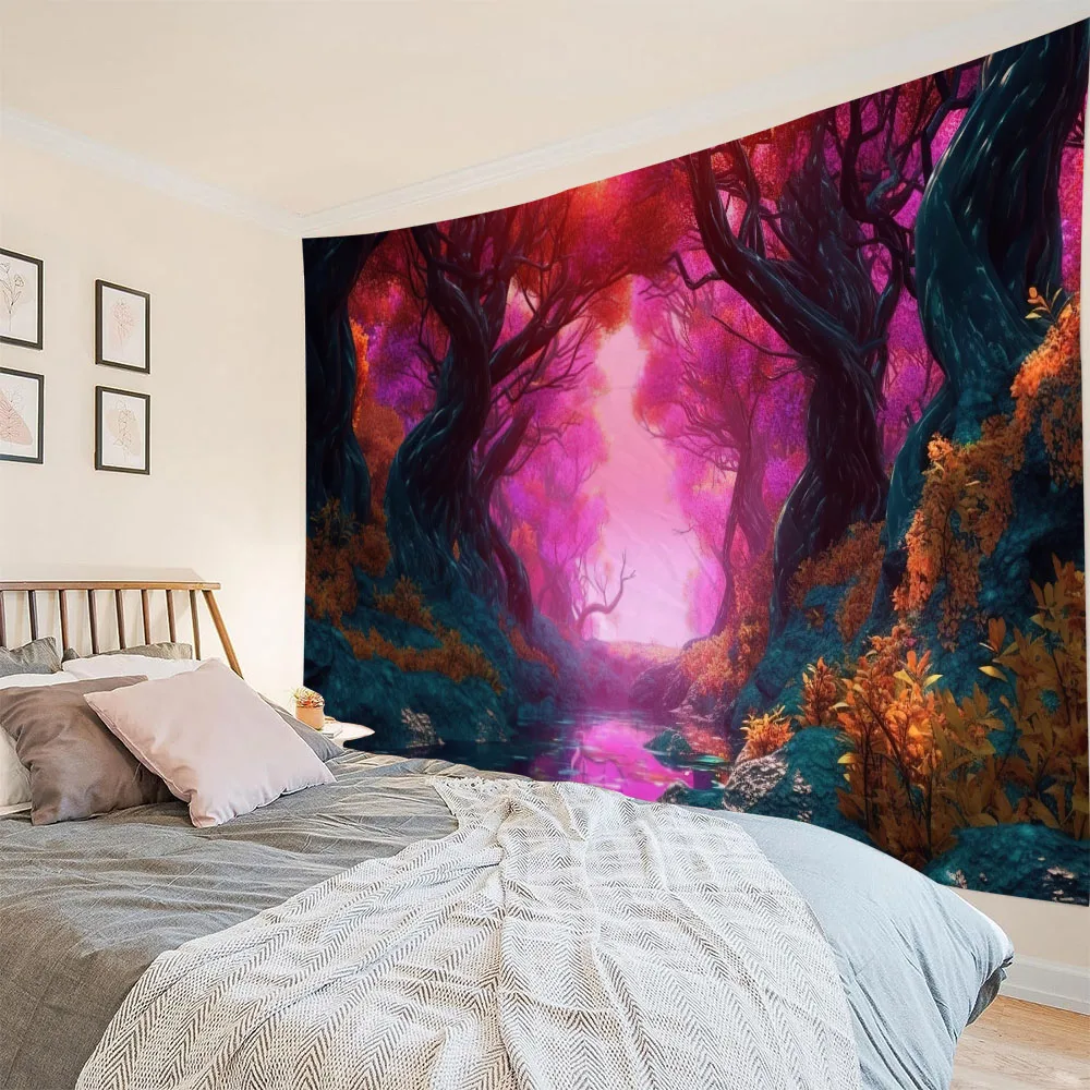 Colorful Forest Sunrise Tapestry Wall Hanging Dreamy Landscape Home Office Living Room Decor Background Cloth