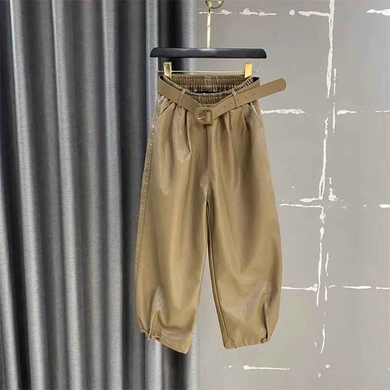 

PU leather loose Harlan pants women's 2026 autumn and winter new elastic waist temperament tied feet casual leather pants