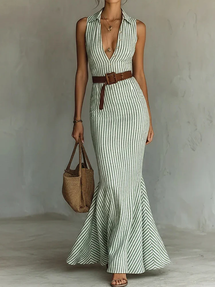 Striped Patchwork Slim Fit Maxi Dress Women's Summer Turn-Down Collar Sleeveless Party Dress Casual Simple Button Ladies Dress