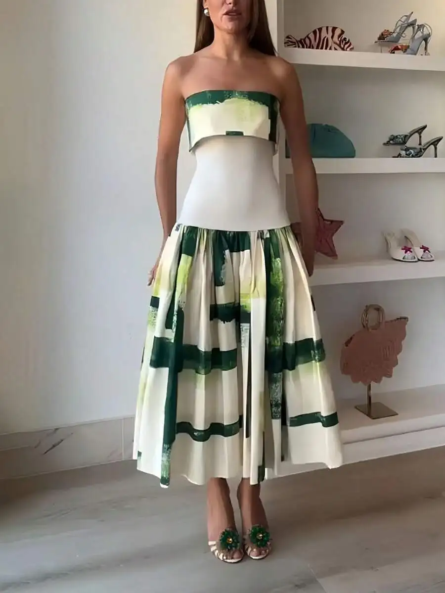 

Cream And Green Artistic Brushstroke Strapless Midi Dress Featuring Structured Bodice And voluminous Pleated Skirt