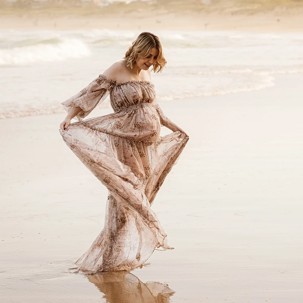 Boheemse fotoshoot zwangerschapsjurk bedrukte chiffon elegante off-shoulder jurk fotoshoot fotografiejurk voor dames