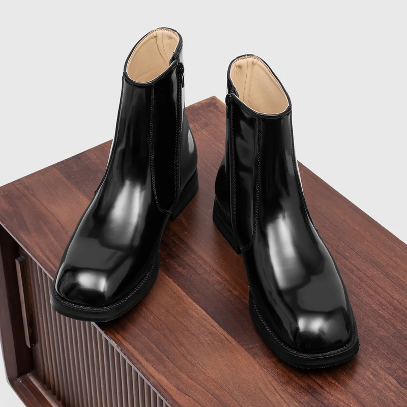 Men Glossy Square Toe Side Zip Chelsea Boots Low Heel Ankle Short Booties Formal Dress Boots for Business Party Daily Outfit