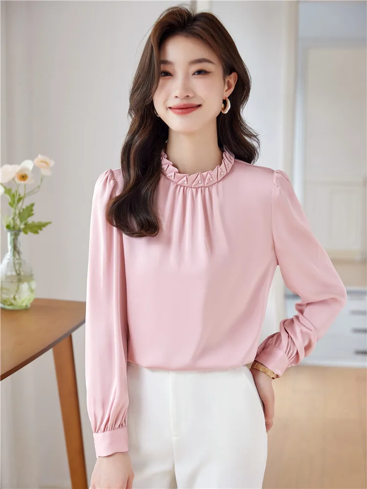 Women\'s Long Sleeve Green Blouses Office Lady Solid Shirt Stand-up Collar Elegant Pink Folds Female Loose Tops Spring New 2024