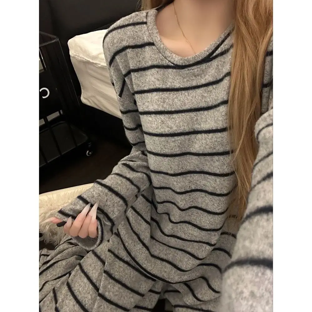 Korean Style Striped Double-Sided Velvet Sleepwear Long Sleeve Loose Simple Warm Home Clothes Set for Spring Autumn Winter
