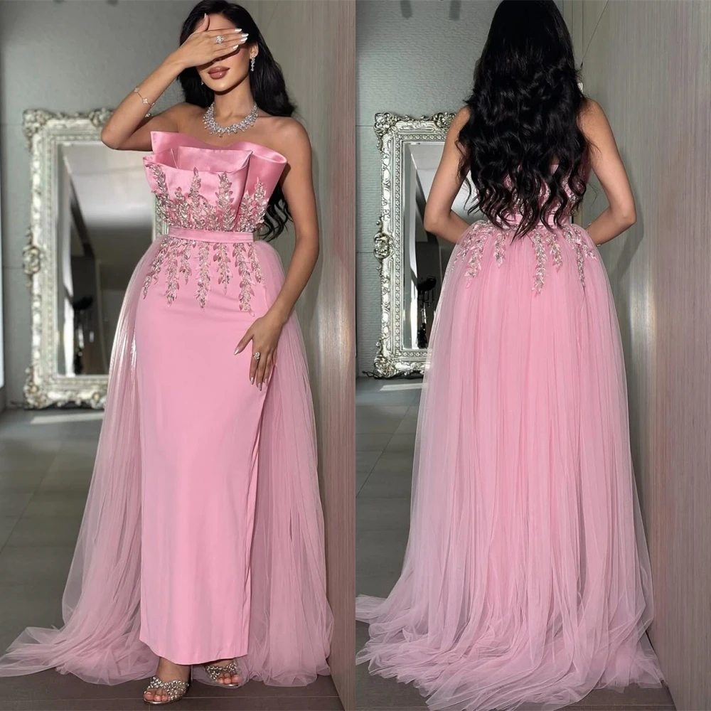 

Customized Modern Strapless Evening Dress Exquisite Flowers Sweep Train Prom Dresses Formal Sleeveless Special Occasion Gowns