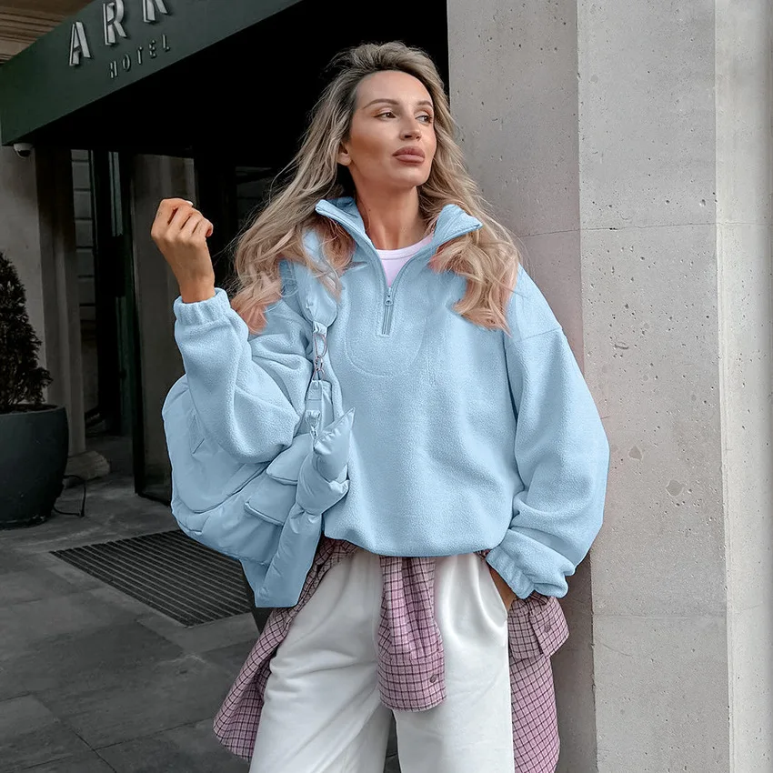 Damska bluza rozpinana na zamek, różowa, uniwersalna, oversize, z kapturem, styl Y2K, streetwear, polarowa kurtka zimowa.