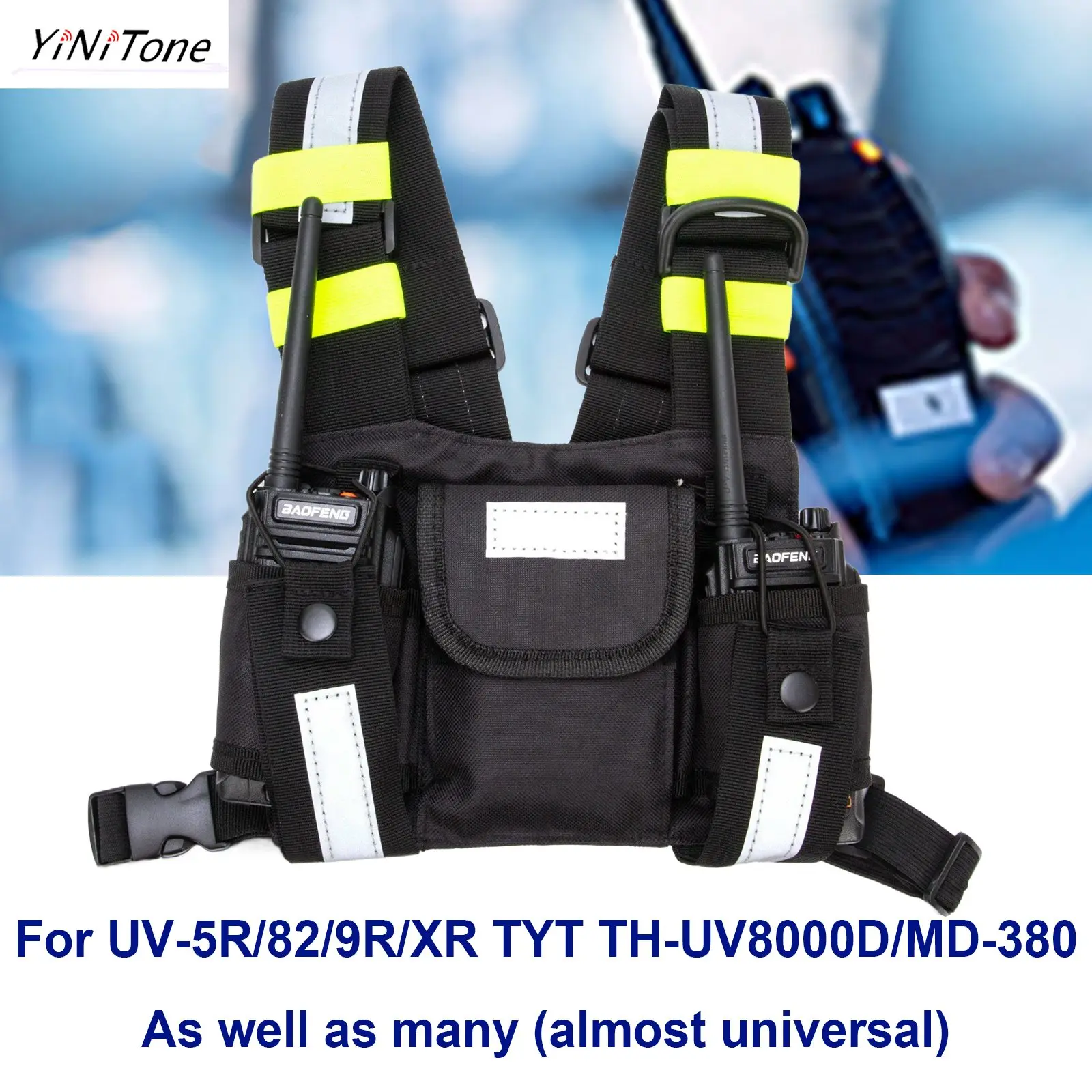 Walkie Talkie chest bag Nylon Scratch-resistant Vest Pouch portable Radio green/Yellow Reflective stripes Harness Front Pack