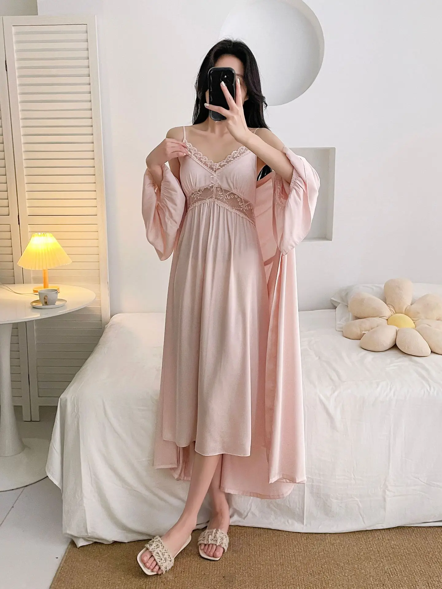 

Комплект с халатом и рукавами-фонариками: сексуальный кружевной халат-кимоно для женщин, летняя домашняя одежда, пижама