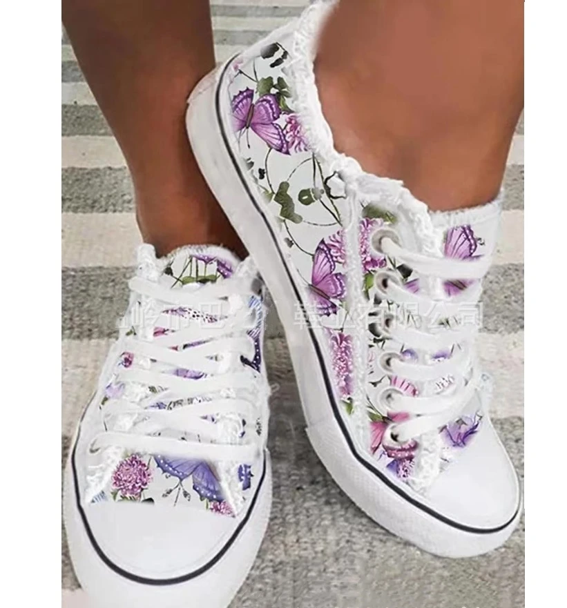 New Women Platform Sneakers Purple Butterfly Printed Canvas Shoes Casual Lace-Up Ladies Vulcanized Shoes Student Running Shoe 43