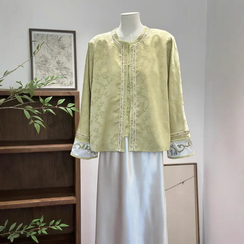 

Retro New Chinese Style Blouse Women Green Hanfu Costume Luxury Embroider Flower Coat Qipao Top Improved Tang Suit Jacket