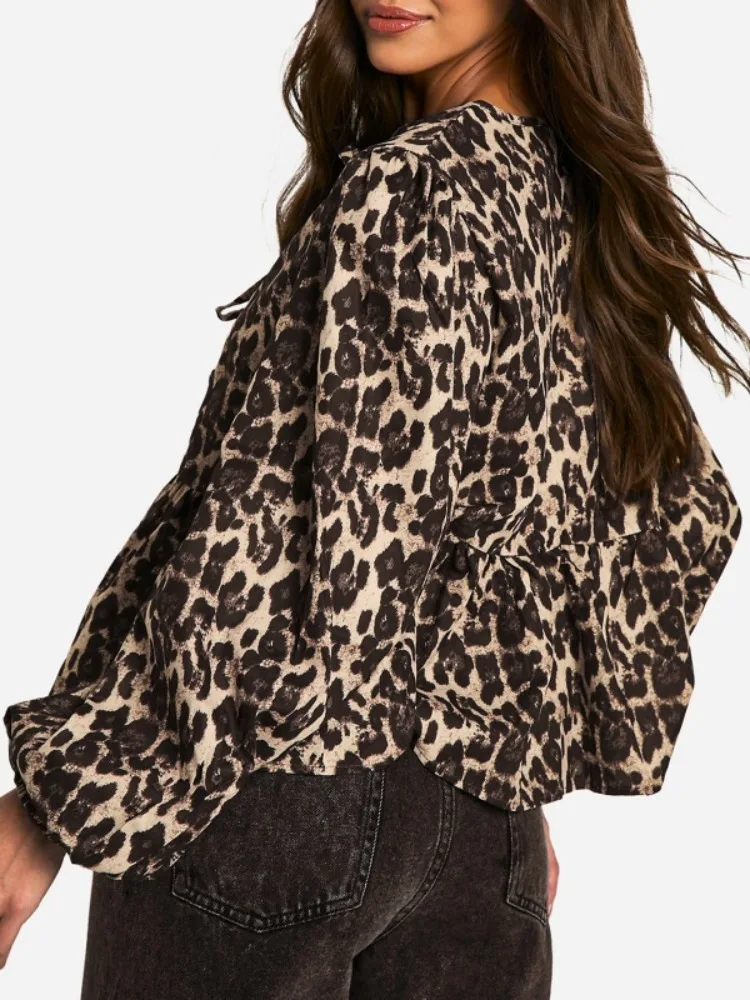 Yeezzi femmes imprimé léopard manches longues Blouse 2026 nouveau bureau décontracté Sexy découpe profonde cravate avant dessus de chemise à la mode