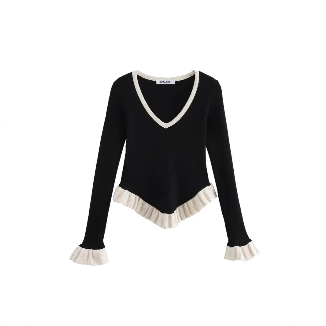 

Women's Clothing 2025 New Spring and Autumn Commuting Design Sense Layered Decoration V-neck Long Sleeved Knitted Sweater