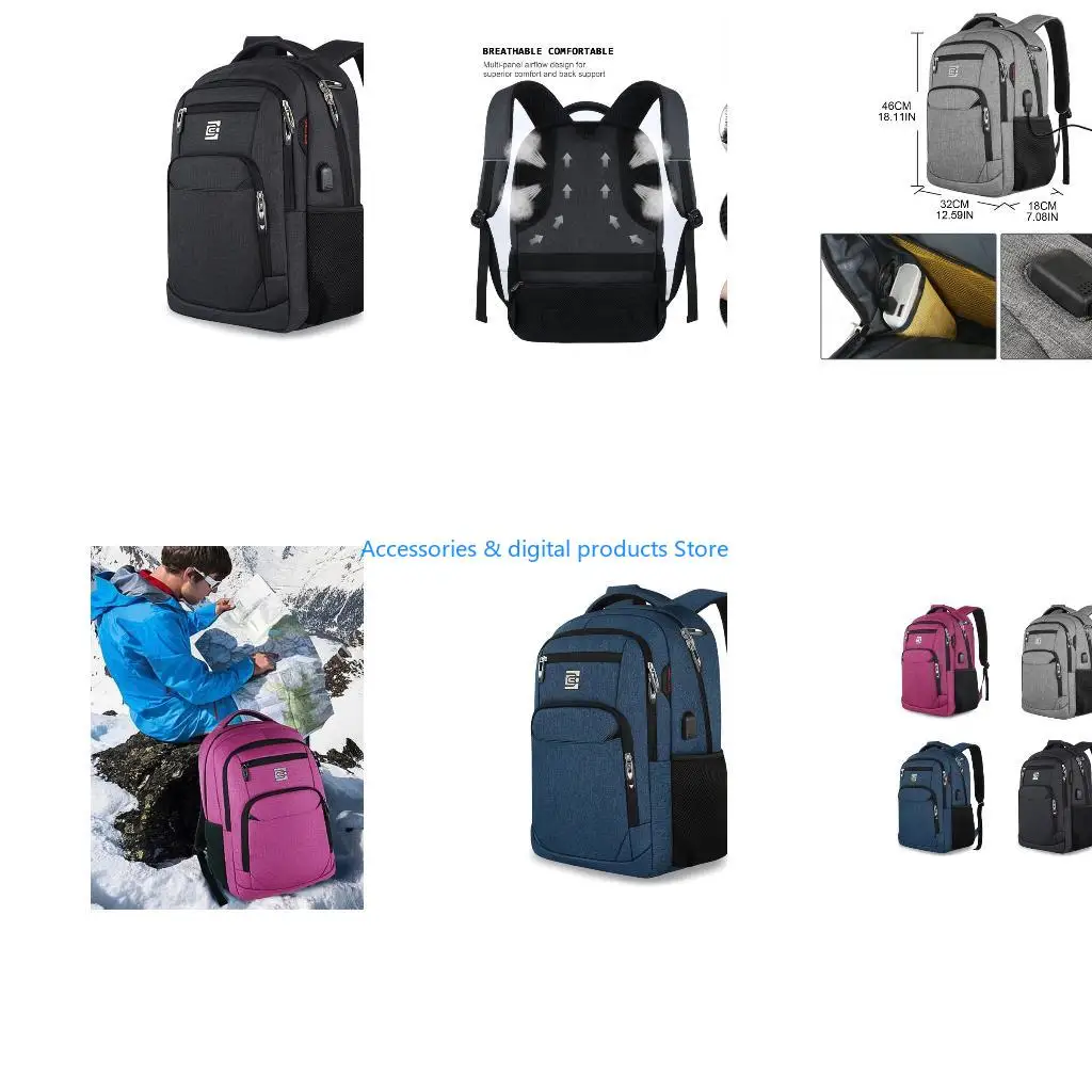 77JD Lightweight Travel Backpack for Laptop 18Inch with USB Portable College Business School Computer Bag Anti-Theft