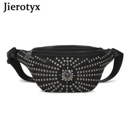 JIEROTYX Womens Black Studded Bags Faux Leather Waist Bag Fanny Pack Y2K Money Bum Bag Hip Belt Gothic Style Vintage Rivet