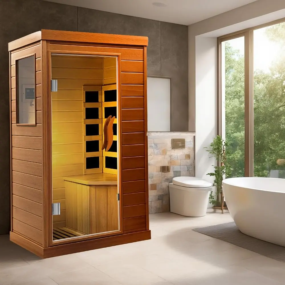 

Одноместная инфракрасная сауна из древесины хемлока, традиционная сухая спа-процедура, красно-коричневая