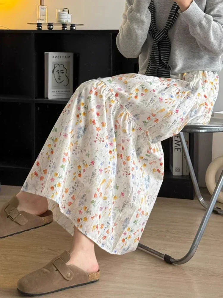 

2025 элегантные длинные юбки с цветочным принтом, женские винтажные корейские милые юбки с высокой талией, весенняя повседневная свободная юбка в консервативном стиле, ретро, Vestidos, новинка