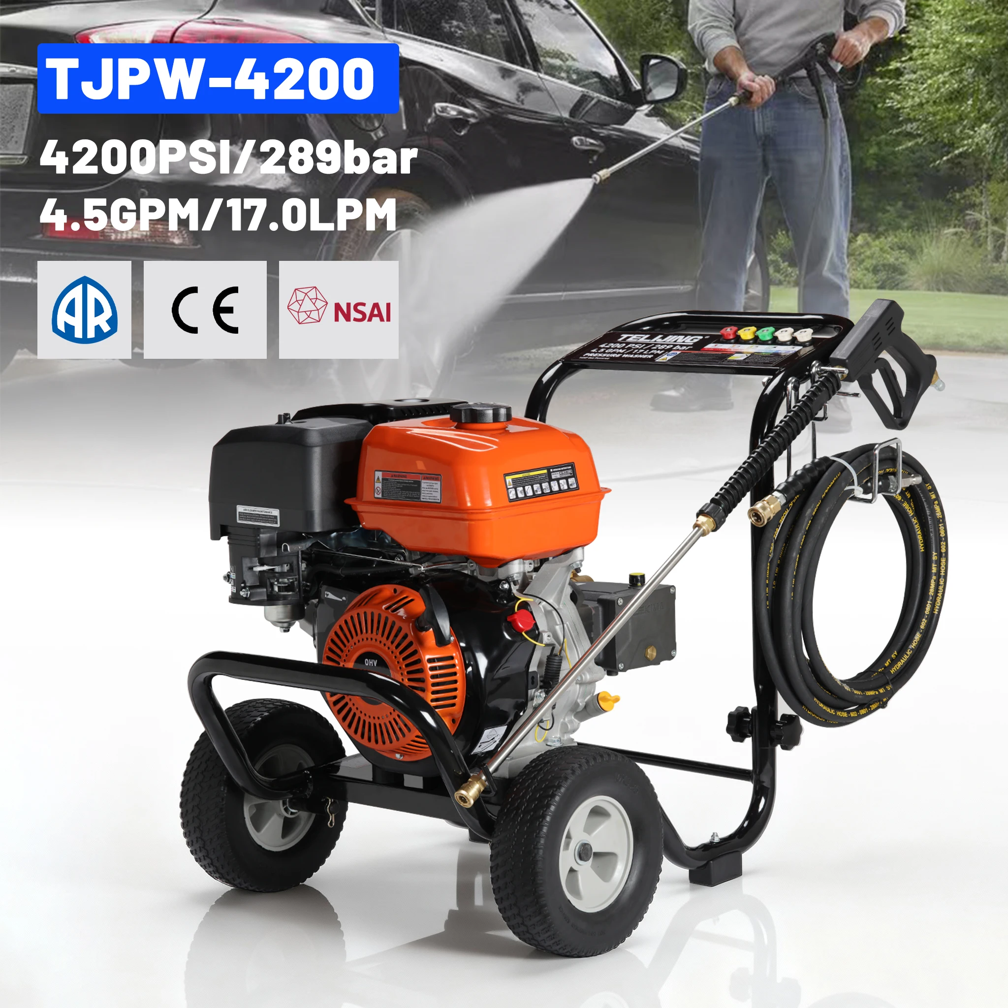 Powerful AR Pump 4200PSI Pressure Washer TJ190F Engine 15m Hose Wheeled Cordless For Warehouse Loading Dock Scrubbing