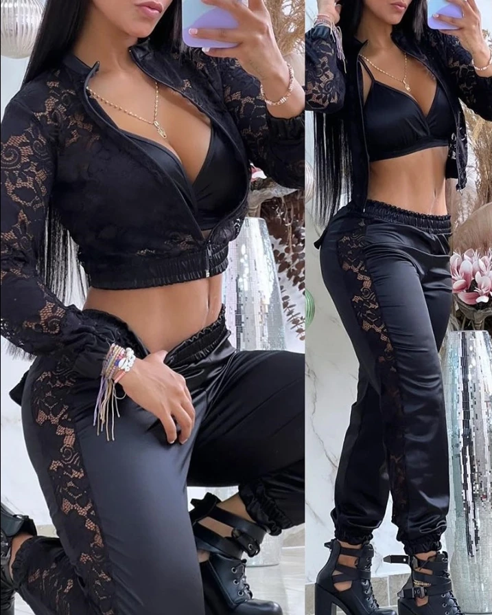 Elegant 3-Piece Set for Women\'s Sexy Autumn V-Neck Camisole Top with Lace Patchwork Tight Pants and Lace Long Sleeved Jacket Set