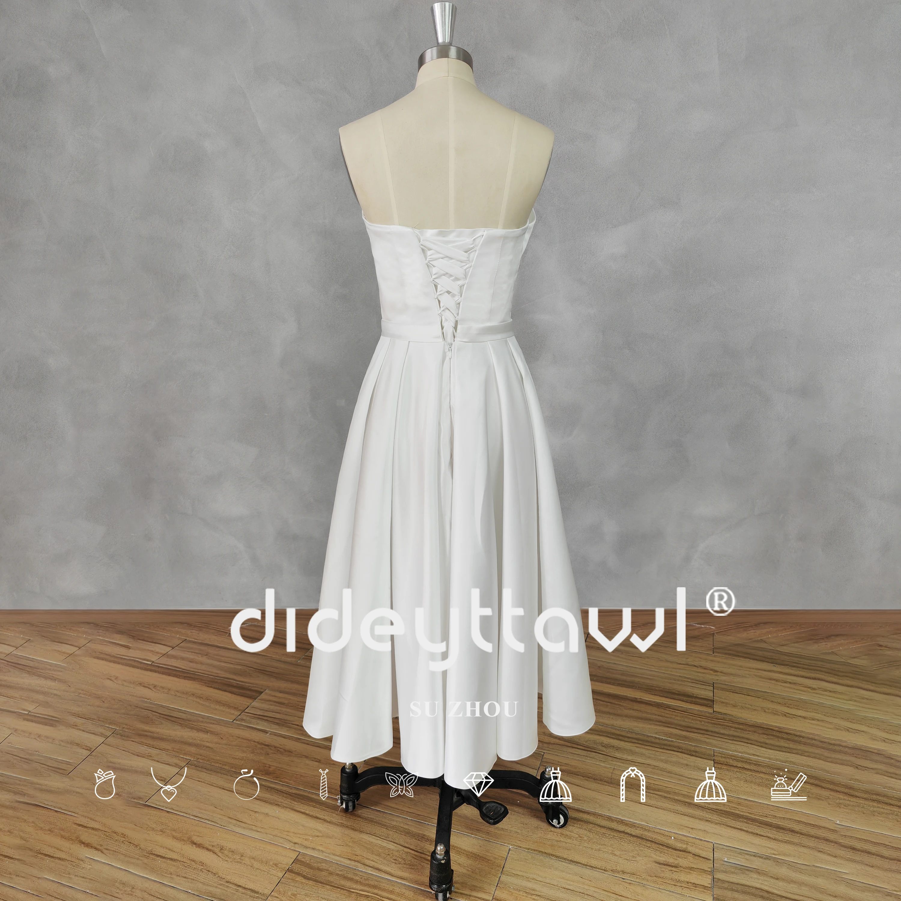 DIDEYTTAWL Real Picture Simple Deep Strapless A-Line Satin Wedding Dress Lace Up Back Mid Length Bridal Gown Custom Made