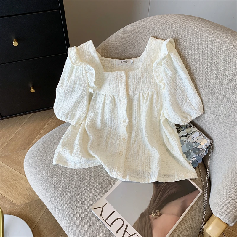 French square collar puffy sleeve shirt women\'s design sense of niche top summer new style loose and thin doll shirt