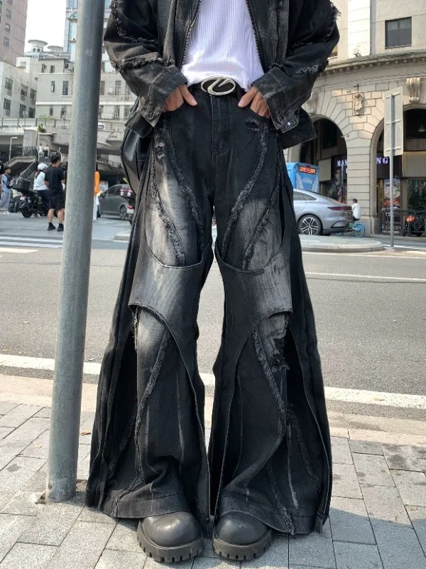 American Style Distressed Patchwork Frayed Loose Men's Jeans Hand-painted Color Blocking Straight Wide-leg Long Pants