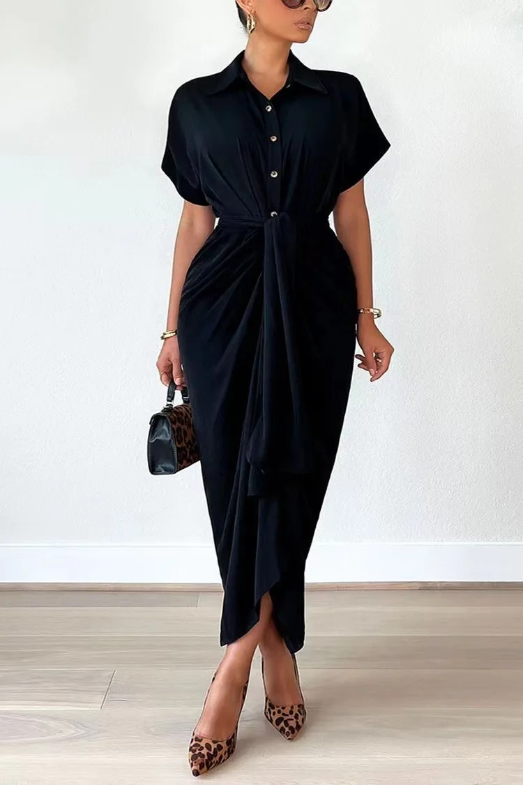SKMY Clothes For Women Turn-Down Collar Short Sleeve Elegnat Office Ladies Shirt Dress Fashion Lace-Up Solid Color Midi Dresses