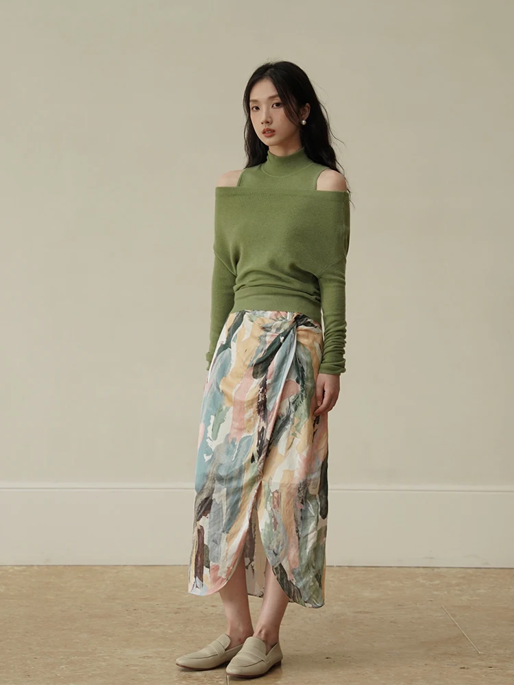 

Chillcozy Flir Linen Wrap Skirt Women's Autumnal Oil Painting Color Matching f-length Vintage Sle Floral Patterned Mid...