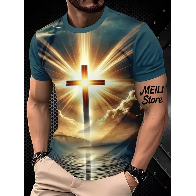 Camiseta informal de hombre con estampado 3D, 2026, Jesús con las manos en oración, manga corta, cuello redondo, camiseta holgada, ropa urbana, moda de verano, novedad