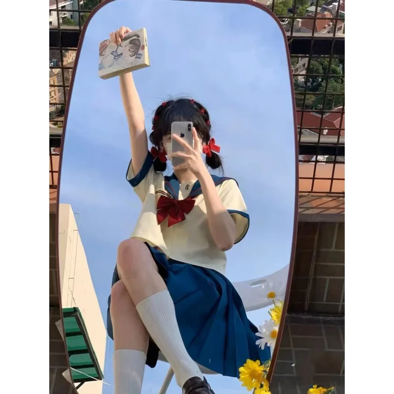 2023 New Gentle Salt Navy Comic Sense Sailor Suit Japanese College Style JK Uniform Pleated Skirt Two-Piece Set