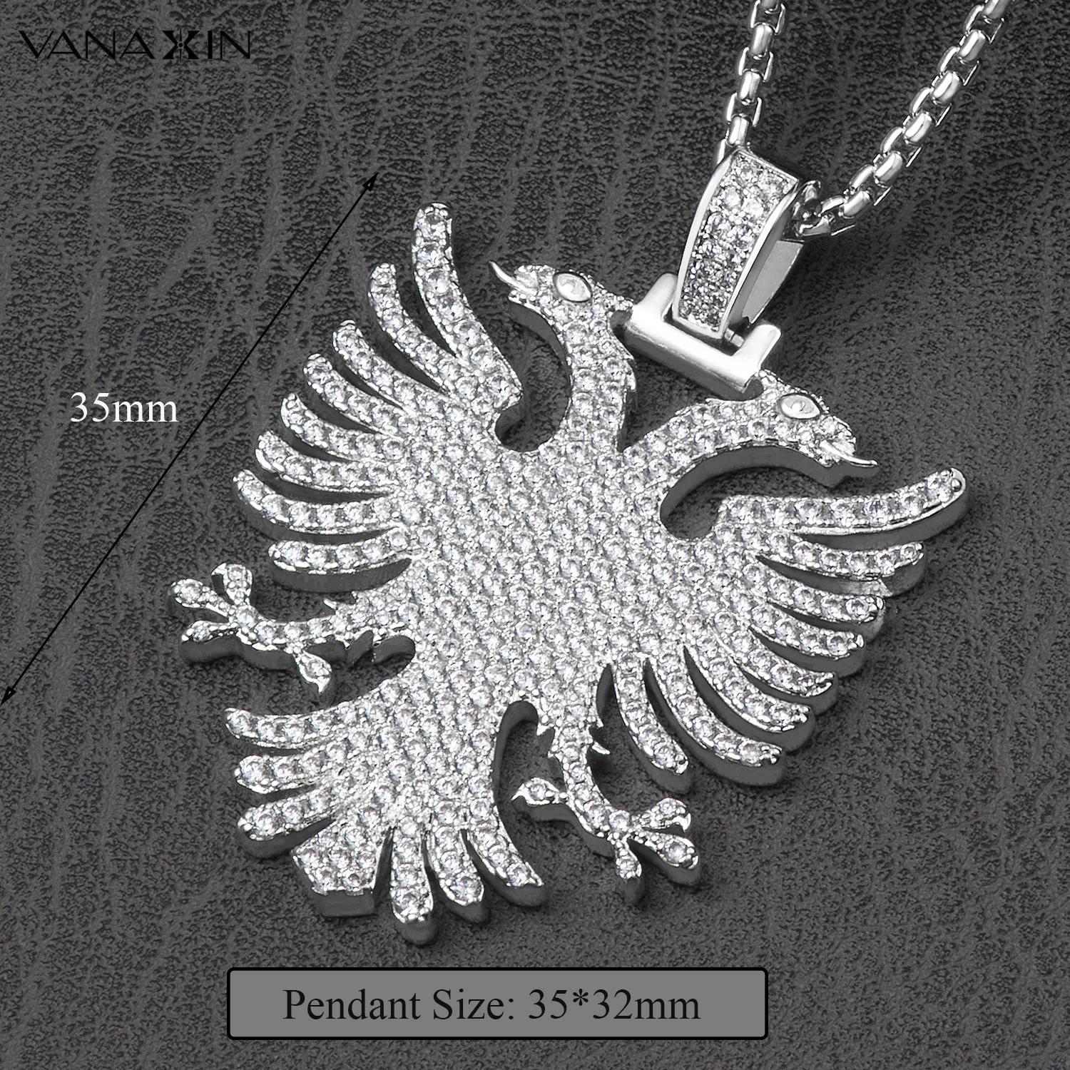 VANAXIN Iced Out Albanian Eagle Pendant  Hip Hop Necklace for Men 14k Gold Color CZ Zircon Folk  National Style Jewelry Gift