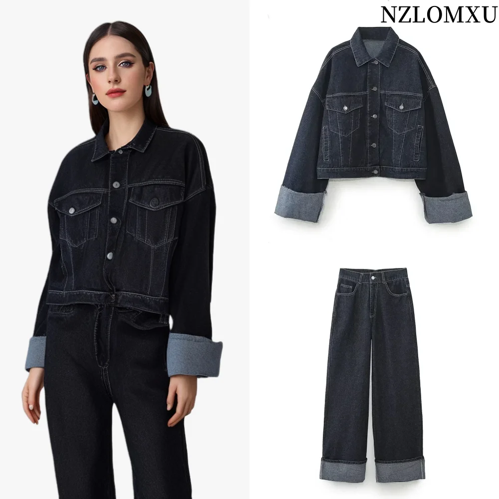 Women Fashion With Pockets Denim Blue Single Breasted Jackets Vintage Lapel Neck Long Sleeves Female Chic Lady Outfits