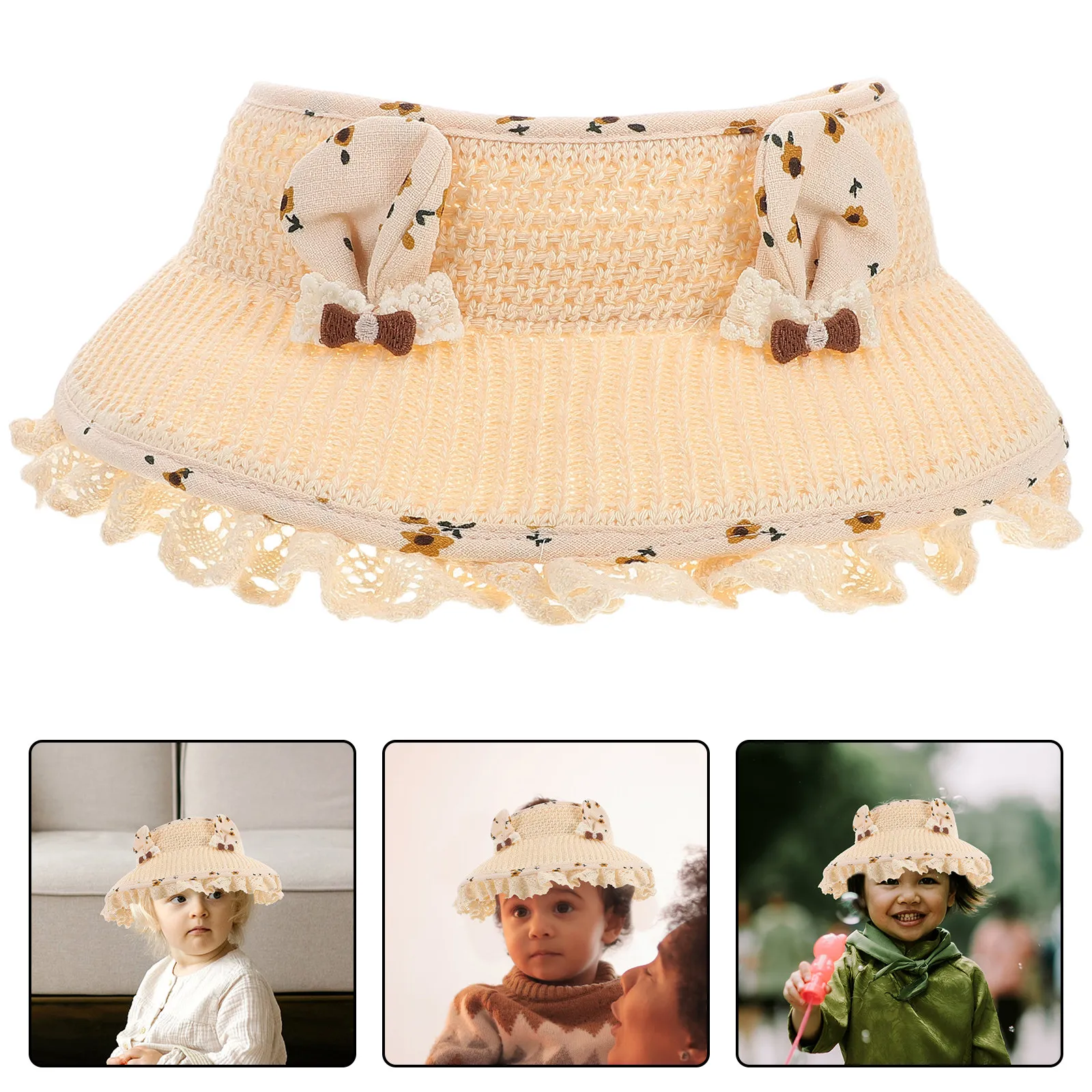 Baby Girl Summer Sun Hat Wide Brim Bunny Ear Design Breathable Open Top Ventilation for Beach Park Outdoor Activities Kids Girls