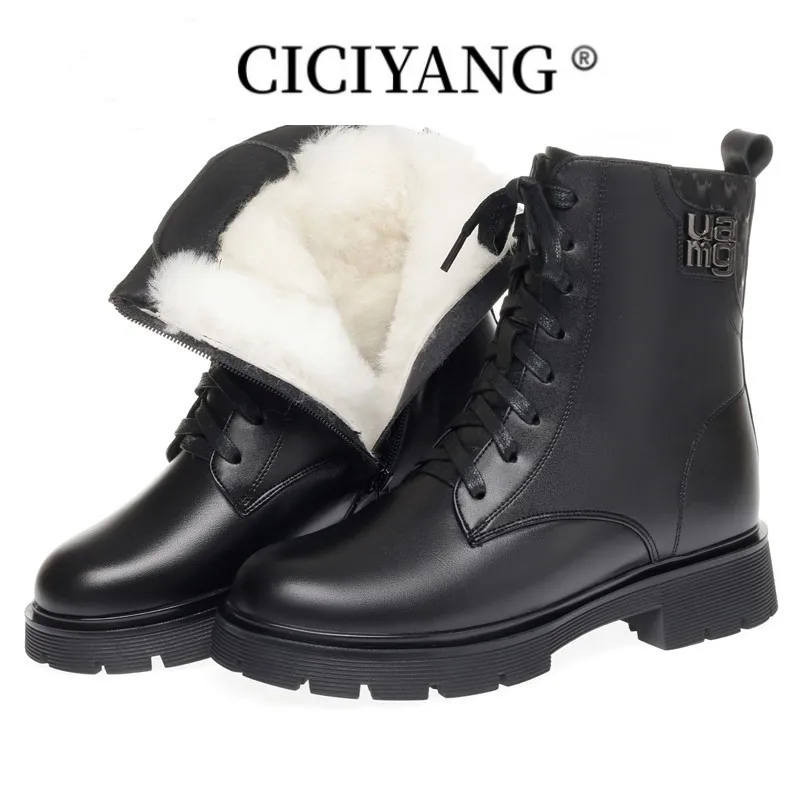 CICIYANG Women Winter Boots Anti Slip 2023 New Genuine Leather Women Short Boots Large Size 41 42 43 Wool Women Motorcycle Boots