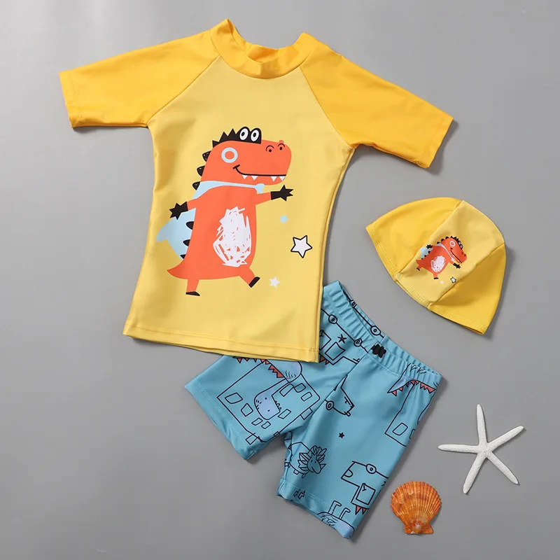 New Boys Swimsuit Cartoon Print Children\'s Swimwear Boys UPF50 Short Sleeve Toddler Boy Swimming Wear 3 pcs Bathing Suit Child