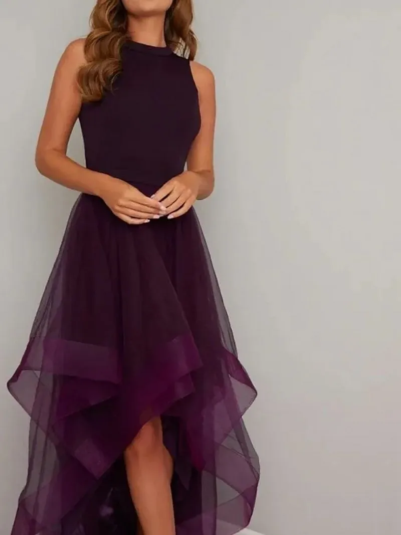 Grape High Low Prom Evening Dress 2025 Jewel Neck Sleeveless Ruffles Asymmetrical Tulle Party Formal Dresses Cocktail Birthday
